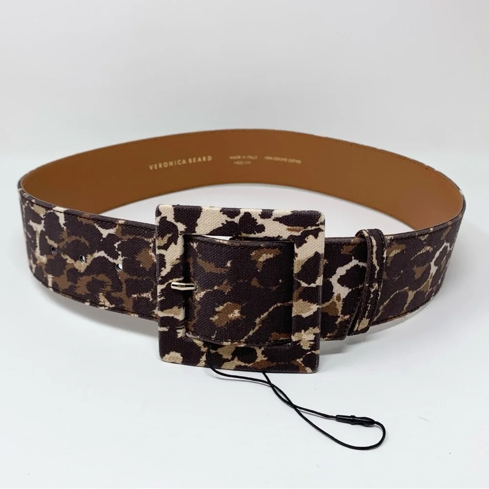 Veronica Beard Rickie Belt (Sz M) Wide Canvas Leather Leopard Print Brown Multi